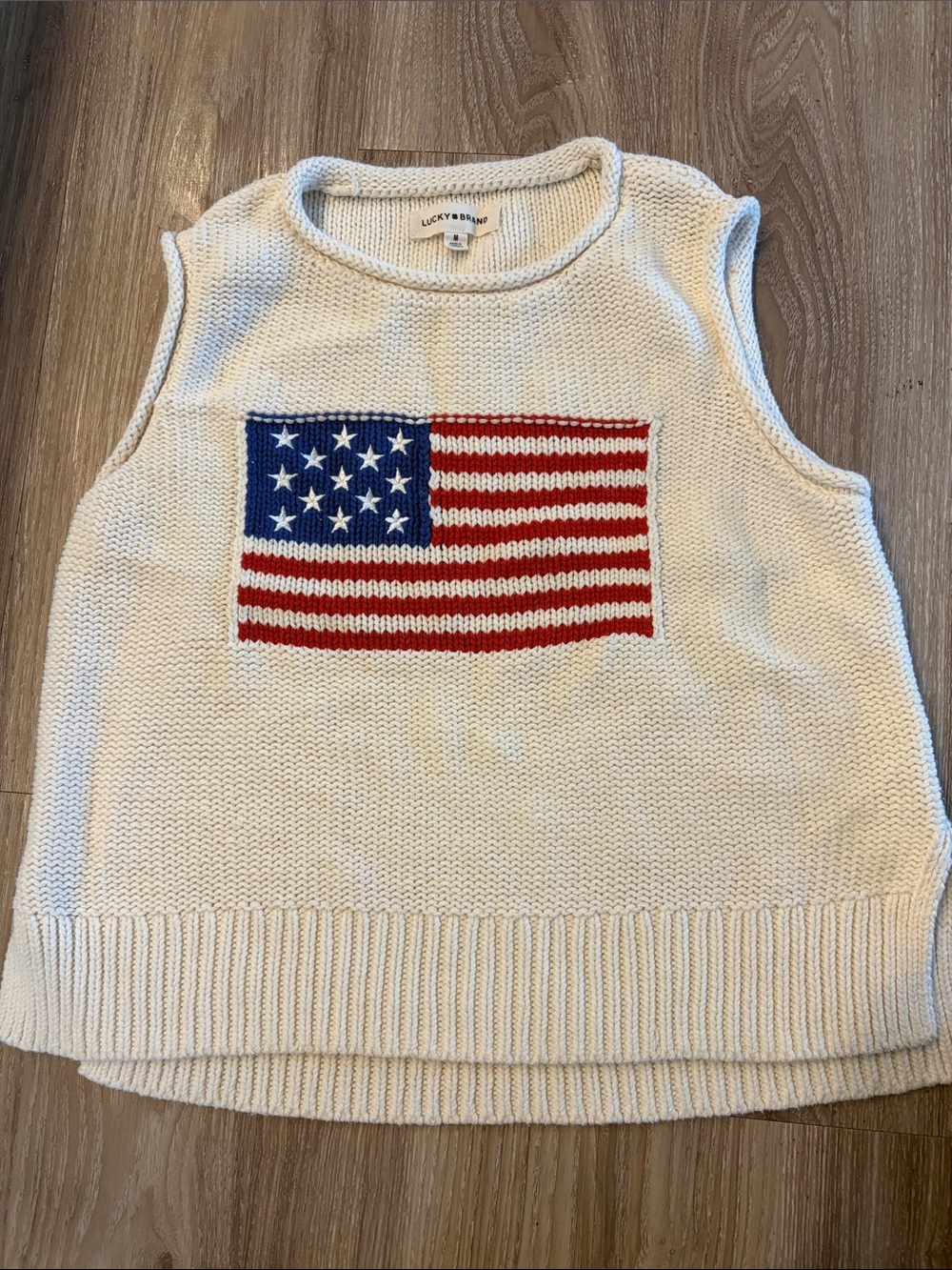 Lucky Brand Men's Cream Knit Crewneck Sweater Vest with Flag Motif